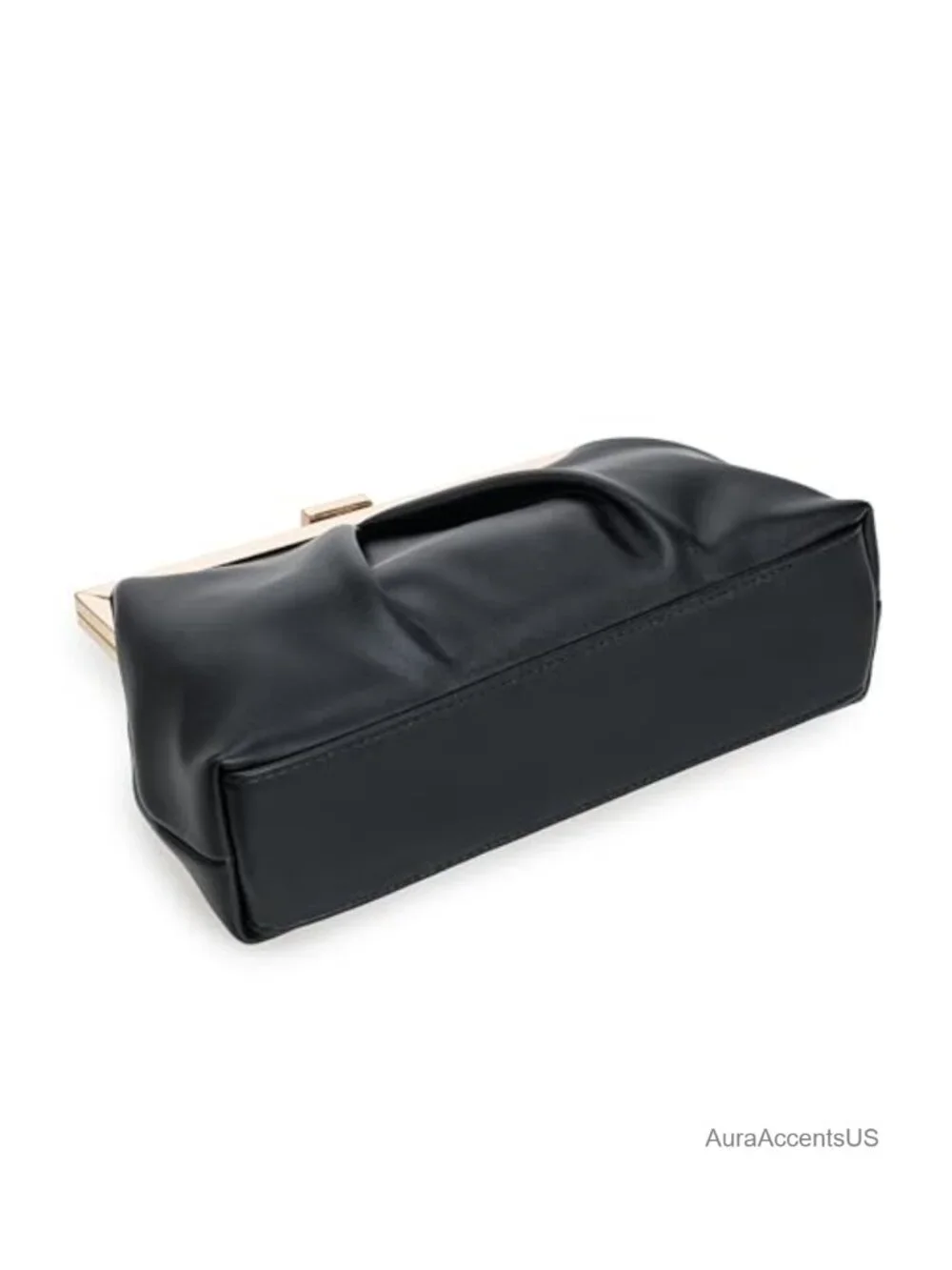 Faux Leather Ruched Metal Frame Clutch Evening Bag with Pearl Strap